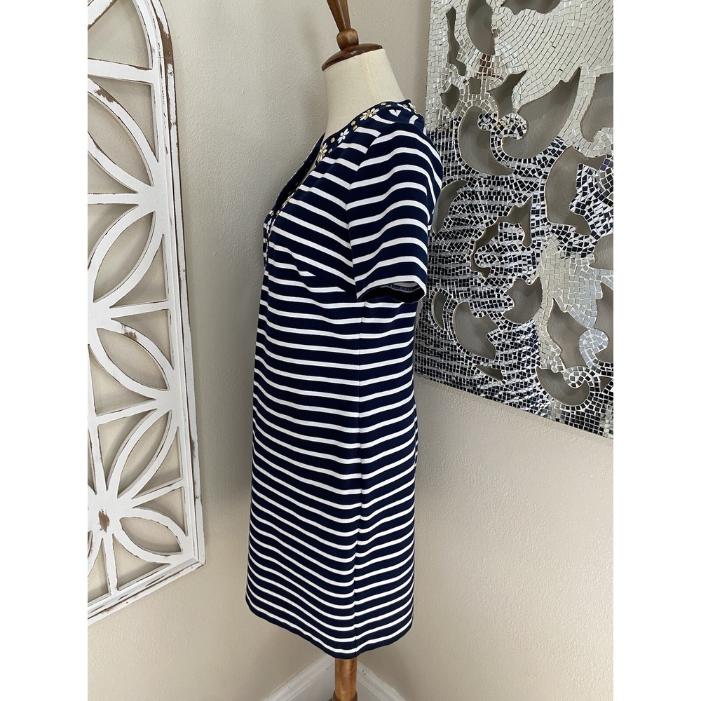 MICHAEL KORS small NAVY WHITE STRIPE FLORAL STUD NECK SHORT SLEEVE SHEATH DRESS - Picture 5 of 6